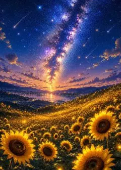 168【天の川と黄金のひまわり畑】 星降る夜の幻想アート デジタルアート