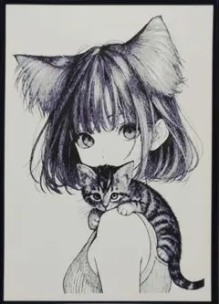 【アナログイラスト／ペン画】A4サイズ 原画『肩の子猫』フレームなし