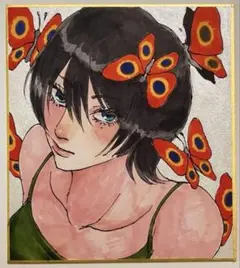 蝶と黒髪の女性のイラスト 色紙 原画 自作イラスト