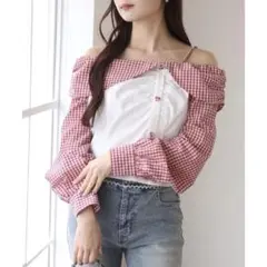 【新品】one after anotherレースアップオフショルブラウス レッド
