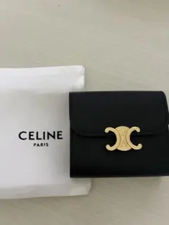 CELINE トリオンフ 三つ折り財布 ブラック レザー ゴールド金具 箱付き
