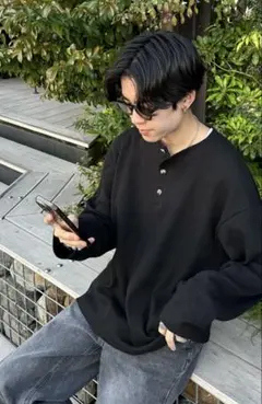 【美品】LUIJOIE スタンドカラーワッフルTシャツ ブラック