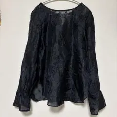 シアー素材 花柄ジャガード 長袖ブラウス ブラックのサムネイル