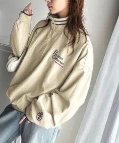 JAVA別注　カジュアル×メンズライクリブラインロゴ刺繍ハーフジッププルオーバー