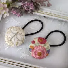 【V3】インド刺繍リボン くるみボタン ヘアゴム 2個セット