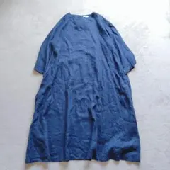 フォグリネンワーク　ワンピース　ロング　長袖　リネン　リボン　ネイビー