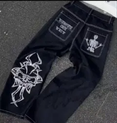 値段交渉可能 スカル刺繍 バギーデニムパンツ ブラック swag y2k 