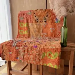 未使用❁訳アリ　エンブロイダリー　オレンジ　パッチワークカンタキルトマルチカバー