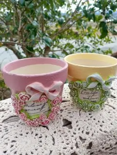 №198 リメ鉢♡リメイク鉢♡ハンドメイド♡⒉5号2個セット、リボンリース