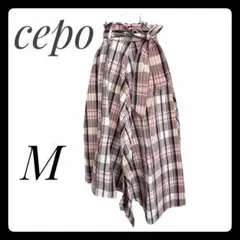 cepo セポチェックフレアスカート ピンク青M 美脚 綿スリットアシンメトリー