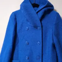 ダブルブレスト フード付きコート　ブルー