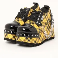 22cm　ヨースケ 厚底 レースアップシューズ ブラックイエロー チェック