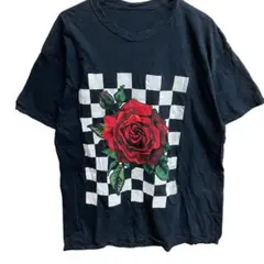 メンズグラフィックTシャツ L相当 チェッカーフラッグ柄×大赤いバラ【5040】