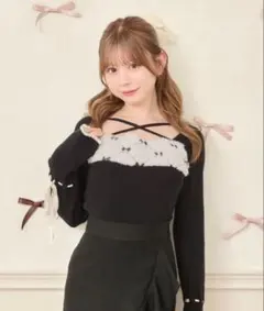 apres jour クロス紐リボン刺繍ニットトップス ブラック