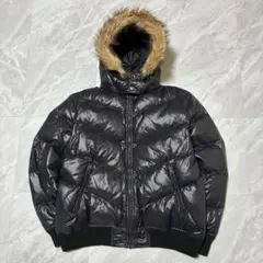 オールドユニクロ プレミアムダウンジャケット ファー ネイビー y2k 光沢 L