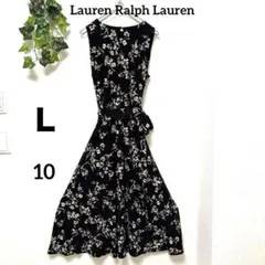 【ローレン ラルフローレン】総花柄ノースリーブワンピースブラック10 Ｌサイズ