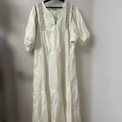 Samansa Mos2 アイボリー刺繍長袖ワンピース