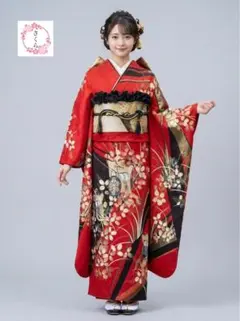 振袖フルセット　赤/黒・御所車柄が入った格調高いデザインのお振袖　正絹