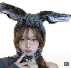 ウサギ耳 コスプレ帽子 グレー ピンク