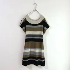3988【ペルルペッシュ】ニットチュニック　ウエストリボン　重ね着　ボーダー　M