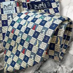 【入手困難希少】　エルメス　ネクタイ　ブルー　ホワイト　ホース厩舎　干支　シルク