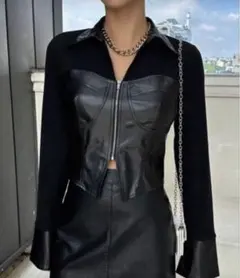SHEIN DAZY ジップアップレザークロップブラウス　S