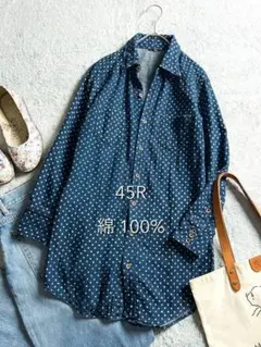 45R 洗える インディゴ 小花柄 グーグシャツ ワンピース ロゴ刺繍 M