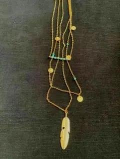 フェザーネックレス　ターコイズ　ゴールド　コイン　3連