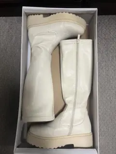 ホワイト 合成皮革 ロングブーツ 厚底