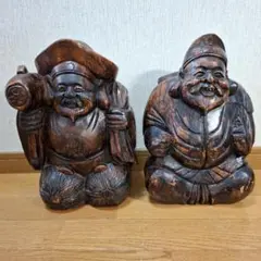 E-4【招福】特大 恵比寿 大黒天 木彫り 像 置物 縁起物 七福神 昭和