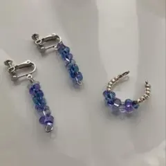 青紫色ビーズのイヤリング＆リングのセット