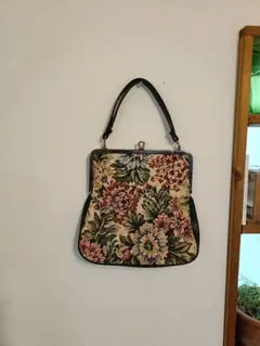 昭和レトロ当日★ゴブラン織り本革　がま口モダンバック　美品