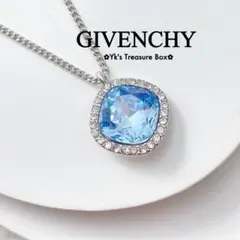 B608/GIVENCHY/シルバーx水色/菱形 クリスタルペンダントネックレス