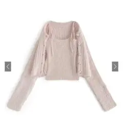 カーディガン×リボンキャミフェザーニットセットアップ　ピンク