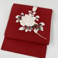 ハ*ナ様 名古屋帯 塩瀬 薔薇 赤地 素敵なデザイン 九寸 正絹 AO-4947