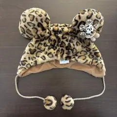ミニーマウス マスコット付きファンキャップ　ヒョウ柄　ファー　ディズニー