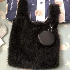 ファー トートバッグ 黒 小型ポーチ付き