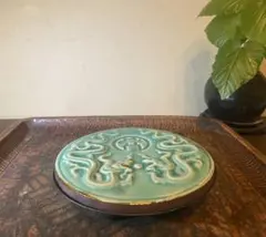 美品　中国青磁タイル龍・玉　鑑賞台座２点セット 台湾茶器　ヴィンテージ　　レア