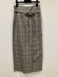 グレー系チェックロングスカート ウエストリボン付き　オールシーズン