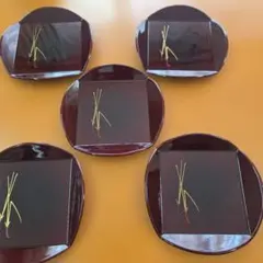 銘々皿 5枚セット 溜塗？ 草花模様 和食器