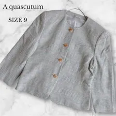 アクアスキュータム ノーカラージャケット グリーン 肩パッド チェック柄 M