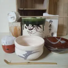 【充実の茶道具セット】木製棚 水指 抹茶茶碗 薄茶器 茶筅 お稽古 入門
