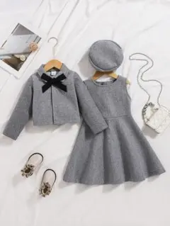 キッズ 入園式スーツ3点セット保育園ドレス100ワンピース灰色グレー フォーマル