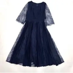 [新品]DRESS+ レースシフォンドッキングワンピース ネイビー Lサイズ