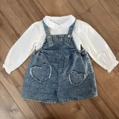 即発送可★ハートワッペンデニムサロペットパンツ＆シャーリングブラウス白