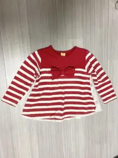 【ムージョンジョン】リボン付き赤白ストライプ長袖トレーナー