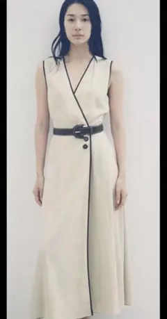 【新品】ZARA リネンベルト付きミディ丈ワンピースSサイズ