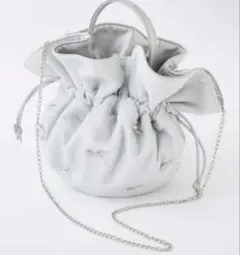 美品 NICE CLAUP 巾着 2way ショルダーバッグ シルバー リボン
