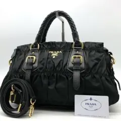 プラダ ハンドバッグ 2way メタルロゴ ゴールド金具 ギャザー ナイロン 黒