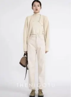 白デニムパンツ　カジュアルパンツ　裏起毛ジーズ アイボリー ストレートデニム